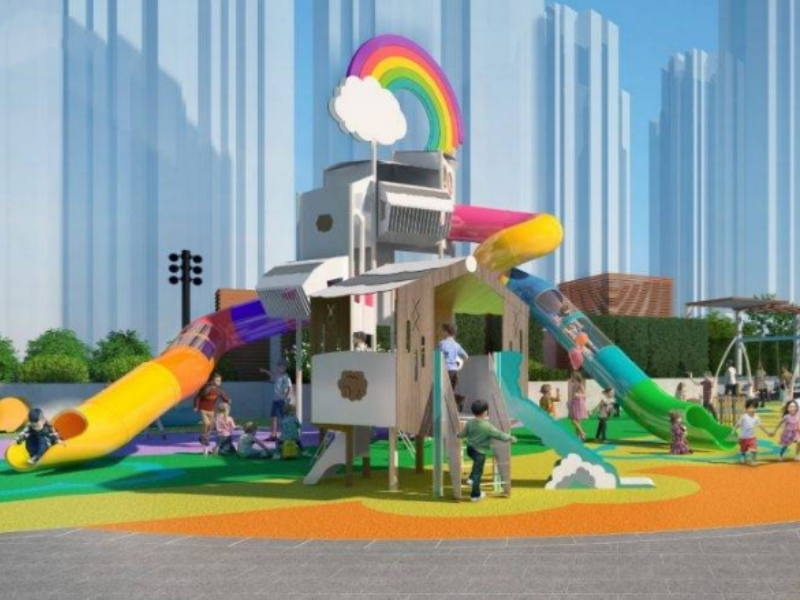 Combinaison d'installations r&eacute;cr&eacute;atives int&eacute;rieures et ext&eacute;rieures adapt&eacute;es aux &eacute;coles et aux cr&egrave;ches