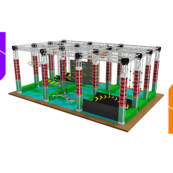 Großer Ninja-Krieger-Hindernisparcours im Innenbereich mit gebogener Wand und Seilschaukeln