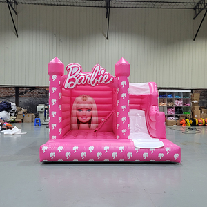 Rumah bouncing kastil tiup merah muda Barbie dengan perosotan untuk anak-anak
