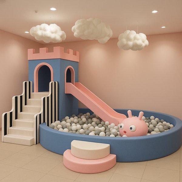 Zestaw do wypożyczenia zjeżdżalni Soft Play Castle – pastelowe r&oacute;żowe i niebieskie wyposażenie do krytego placu zabaw dla dzieci na imprezy