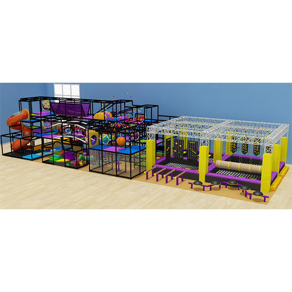 grande playground de aventura coberto com escorregadores, estruturas de escalada e pista de ninja