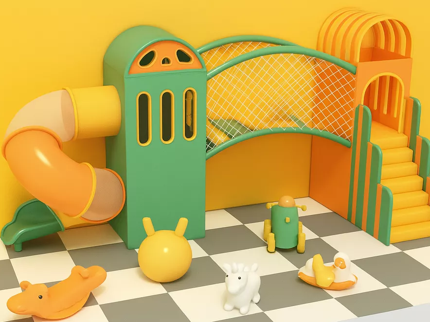 Struttura da gioco morbida per interni con scivolo e giocattoli per animali per asilo nido e parco giochi