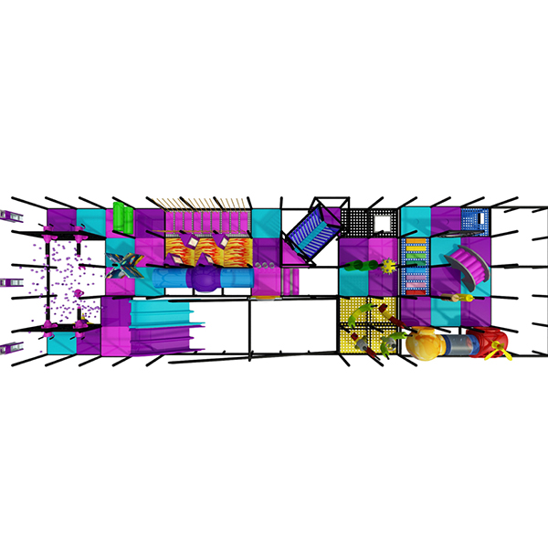 design de área de recreação interna com tema galáxia com poço de espuma e pontes de corda