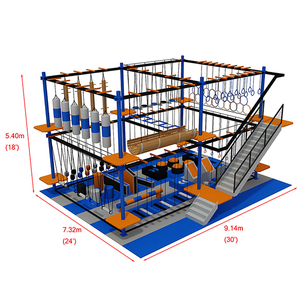 percurso de corda de aventura indoor de dois níveis com obstáculos aéreos