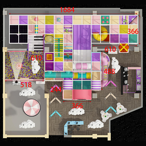 Diseño de área de juegos interior modular para centro de entretenimiento familiar.