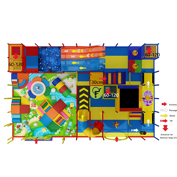 parc d'aventure soft play avec ponts toboggans et zone de défi du parcours ninja