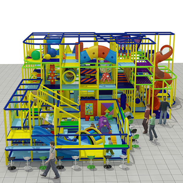 grande playground interno com escorregadores em espiral e pistas de obstáculos para crianças
