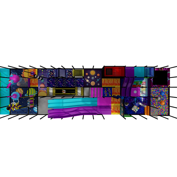 zona de recreação interna com tema de astronauta, escorregadores e túneis de aventura