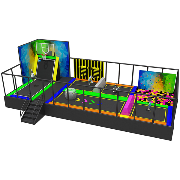parc de trampolines intérieur coloré avec fosse à mousse et terrain de basket-ball pour centres de divertissement