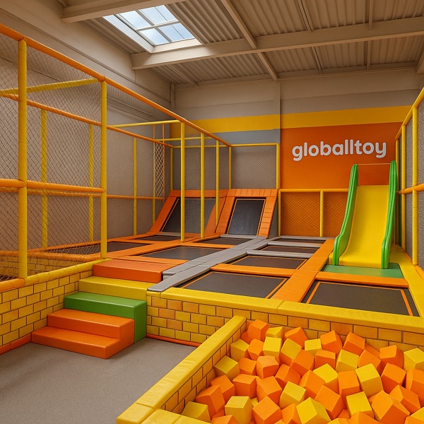 Kryty park trampolin globalltoy z pianką, zjeżdżalnią i kolorowymi wyściełanymi ceglanymi ścianami do zabaw dla dzieci i do wypożyczenia