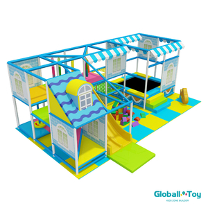 Blue House Theme Indoor Playground com slide duplo e poço de bola