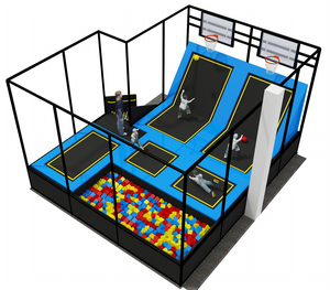 taman trampolin dalam ruangan kompak dengan lubang busa dan zona slam dunk bola basket