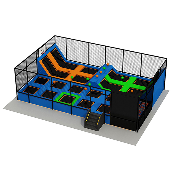 conception de parc de trampolines intérieur coloré avec plusieurs zones de saut et équipements de jeu