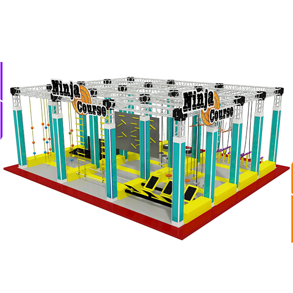 parc d'obstacles de guerrier ninja jaune et bleu avec mur déformé et parcours de corde
