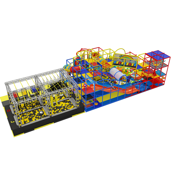 groot binnenspeeltuinontwerp met meerdere niveaus, tunnels, trampolines en ballenbakken