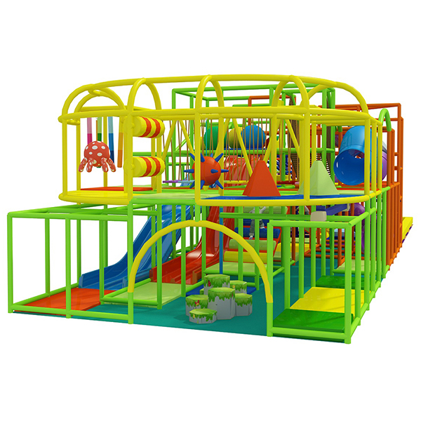disposizione di un parco giochi al coperto commerciale con scivoli e tunnel dal design arcobaleno